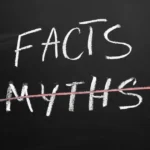 A chalkboard with the words myths and facts written on it. BDSM Myths is crossed out in pink chalk.